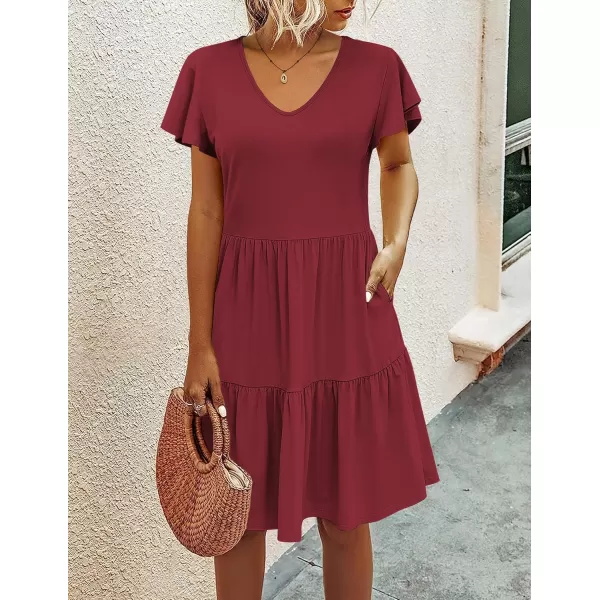 HOTOUCH Womens Casual Tiered Dress with Pockets V Neck Ruffle Dress Cap Sleeve Swing Mini Dress ALine DressesWine Red