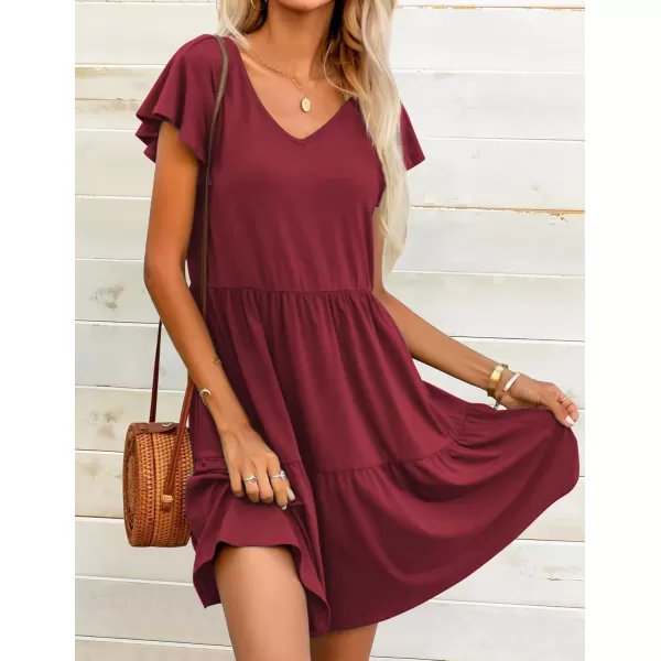 HOTOUCH Womens Casual Tiered Dress with Pockets V Neck Ruffle Dress Cap Sleeve Swing Mini Dress ALine DressesWine Red