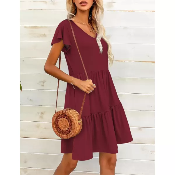 HOTOUCH Womens Casual Tiered Dress with Pockets V Neck Ruffle Dress Cap Sleeve Swing Mini Dress ALine DressesWine Red