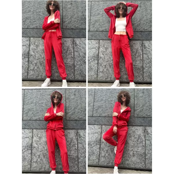 HOTOUCH Womens Casual Velour Tracksuit Set Full Zipper Hoodie Workout Pants Velvet Sweatsuit Jogging Suits XSXXLRed