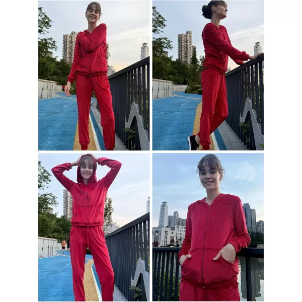 HOTOUCH Womens Casual Velour Tracksuit Set Full Zipper Hoodie Workout Pants Velvet Sweatsuit Jogging Suits XSXXLRed