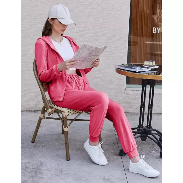 HOTOUCH Womens Casual Velour Tracksuit Set Full Zipper Hoodie Workout Pants Velvet Sweatsuit Jogging Suits XSXXLRose Red