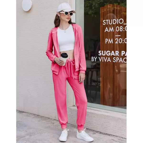 HOTOUCH Womens Casual Velour Tracksuit Set Full Zipper Hoodie Workout Pants Velvet Sweatsuit Jogging Suits XSXXLRose Red