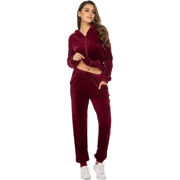 HOTOUCH Womens Casual Velour Tracksuit Set Full Zipper Hoodie Workout Pants Velvet Sweatsuit Jogging Suits XSXXLWine Red