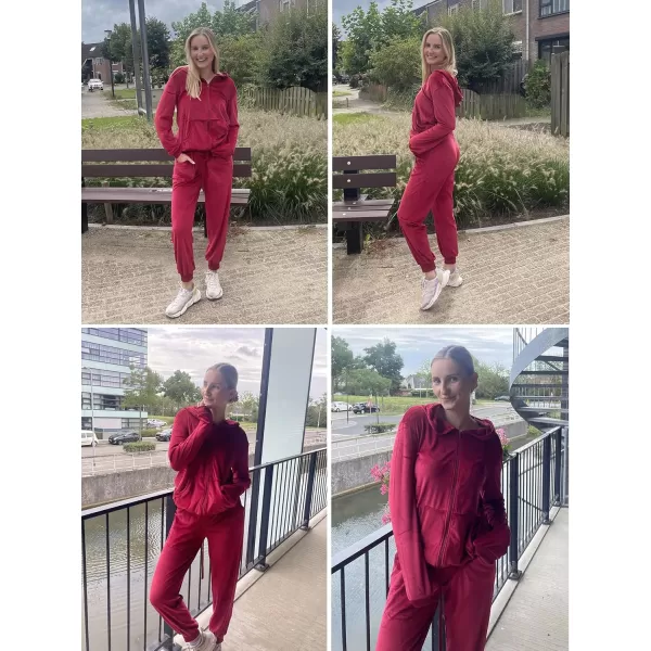 HOTOUCH Womens Casual Velour Tracksuit Set Full Zipper Hoodie Workout Pants Velvet Sweatsuit Jogging Suits XSXXLWine Red