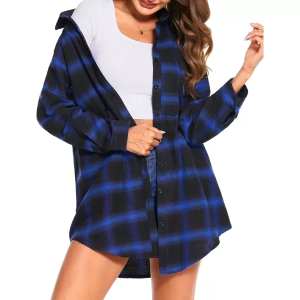 HOTOUCH Womens Flannel Plaid Shirts Roll Up Long Sleeve MidLong Casual Boyfriend Shirts with PocketsBlack  Blue