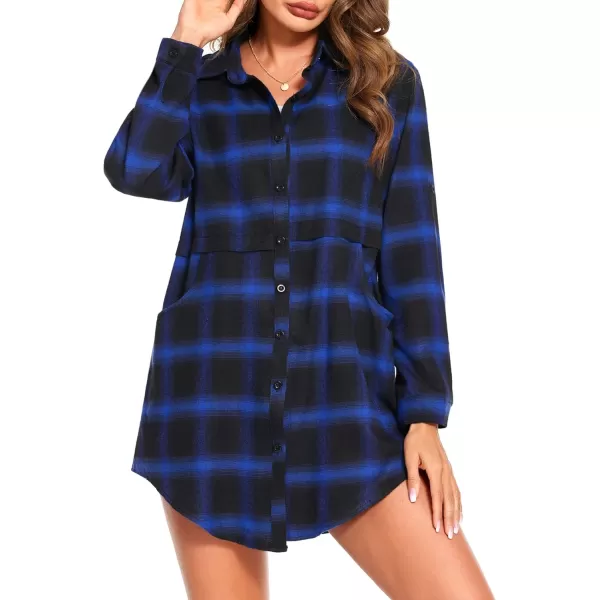 HOTOUCH Womens Flannel Plaid Shirts Roll Up Long Sleeve MidLong Casual Boyfriend Shirts with PocketsBlack  Blue