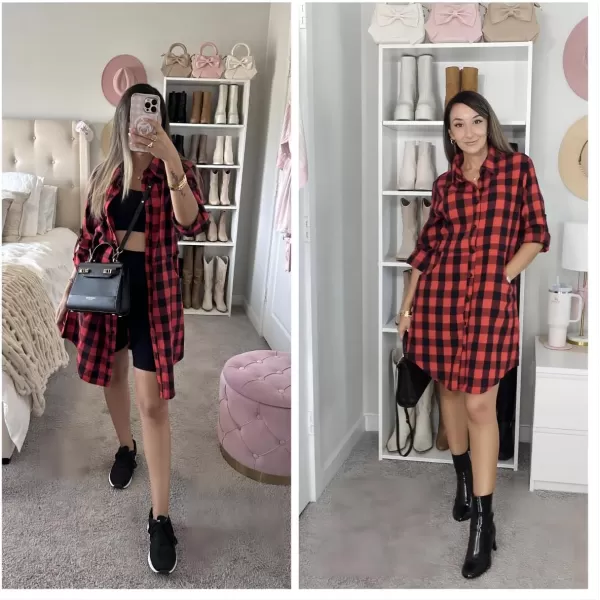 HOTOUCH Womens Flannel Plaid Shirts Roll Up Long Sleeve MidLong Casual Boyfriend Shirts with PocketsBlack Red Plaid