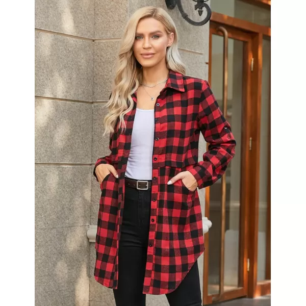 HOTOUCH Womens Flannel Plaid Shirts Roll Up Long Sleeve MidLong Casual Boyfriend Shirts with PocketsBlack Red Plaid