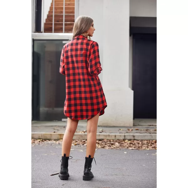 HOTOUCH Womens Flannel Plaid Shirts Roll Up Long Sleeve MidLong Casual Boyfriend Shirts with PocketsBlack Red Plaid