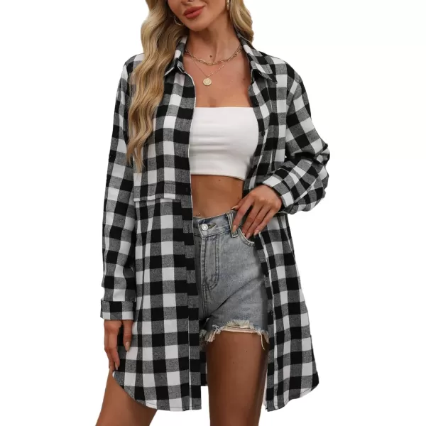 HOTOUCH Womens Flannel Plaid Shirts Roll Up Long Sleeve MidLong Casual Boyfriend Shirts with PocketsBlack White Checkered