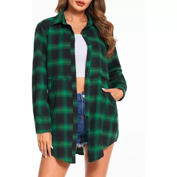 HOTOUCH Womens Flannel Plaid Shirts Roll Up Long Sleeve MidLong Casual Boyfriend Shirts with PocketsBlack and Green