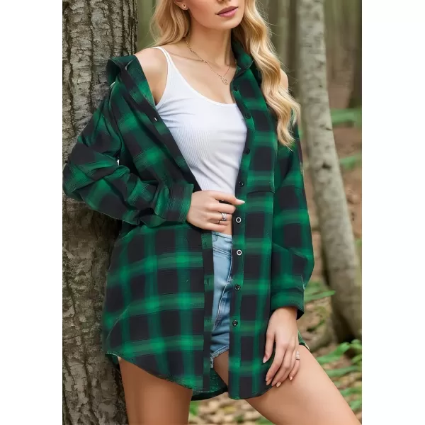 HOTOUCH Womens Flannel Plaid Shirts Roll Up Long Sleeve MidLong Casual Boyfriend Shirts with PocketsBlack and Green