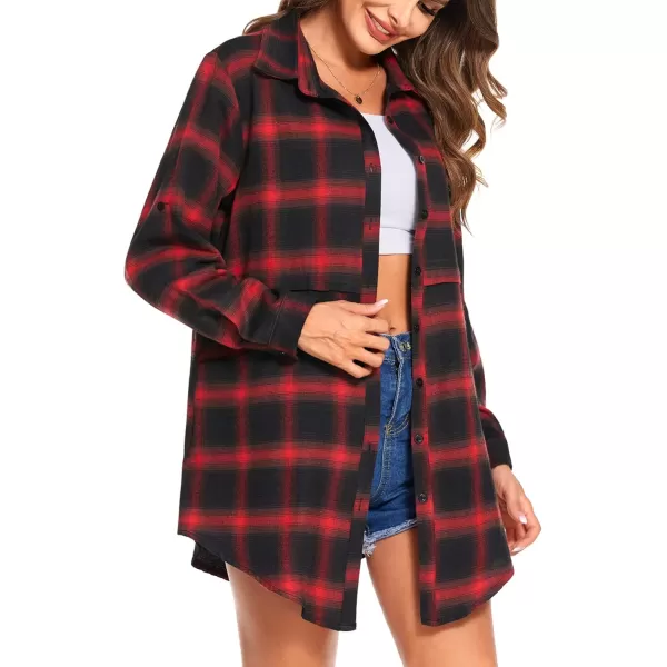 HOTOUCH Womens Flannel Plaid Shirts Roll Up Long Sleeve MidLong Casual Boyfriend Shirts with PocketsBlack and Red