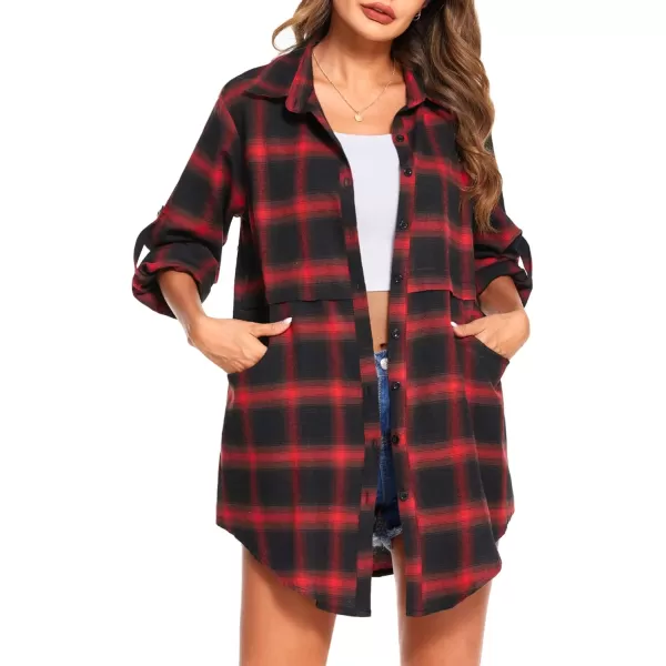 HOTOUCH Womens Flannel Plaid Shirts Roll Up Long Sleeve MidLong Casual Boyfriend Shirts with PocketsBlack and Red