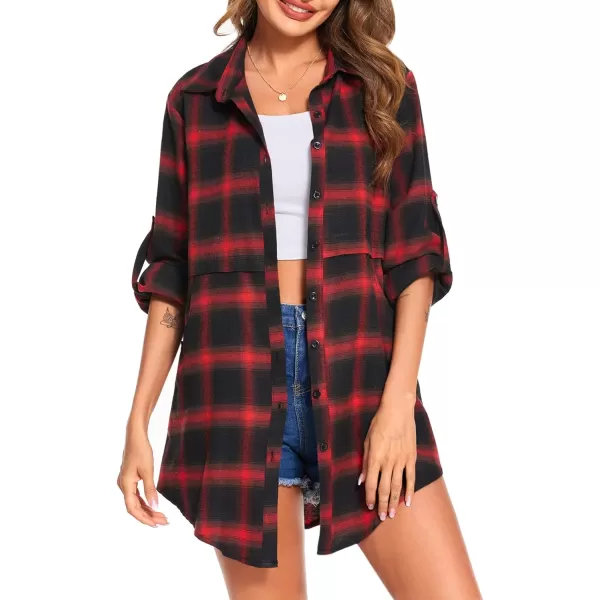 HOTOUCH Womens Flannel Plaid Shirts Roll Up Long Sleeve MidLong Casual Boyfriend Shirts with PocketsBlack and Red