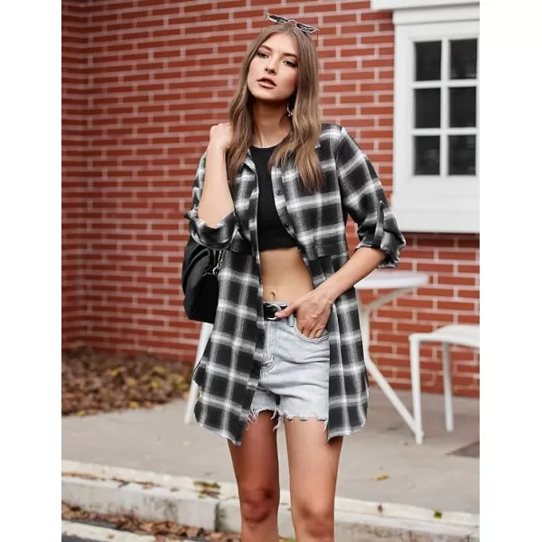 HOTOUCH Womens Flannel Plaid Shirts Roll Up Long Sleeve MidLong Casual Boyfriend Shirts with PocketsBlack and White