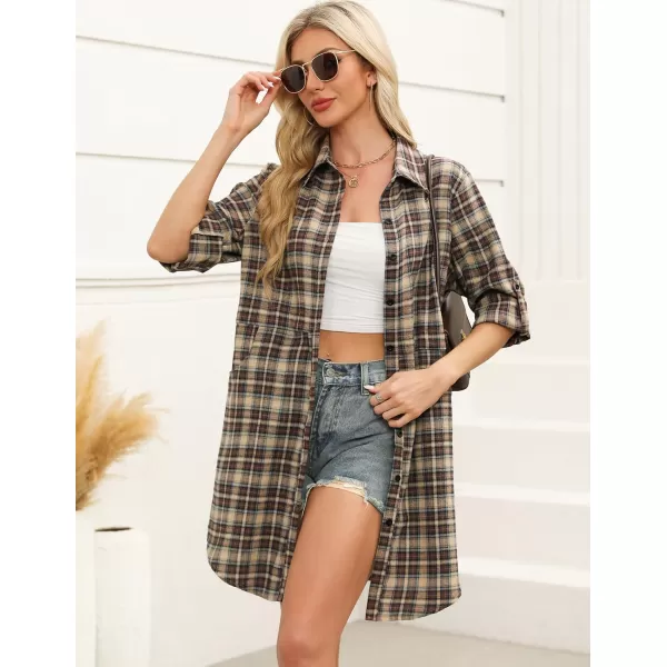 HOTOUCH Womens Flannel Plaid Shirts Roll Up Long Sleeve MidLong Casual Boyfriend Shirts with PocketsBrown and Khaki