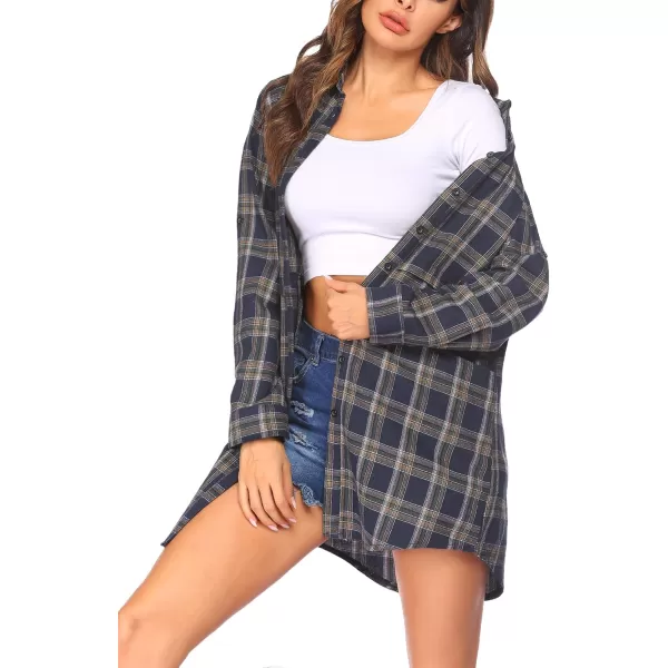 HOTOUCH Womens Flannel Plaid Shirts Roll Up Long Sleeve MidLong Casual Boyfriend Shirts with PocketsDark Navy