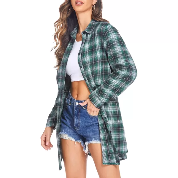 HOTOUCH Womens Flannel Plaid Shirts Roll Up Long Sleeve MidLong Casual Boyfriend Shirts with PocketsGreen Check