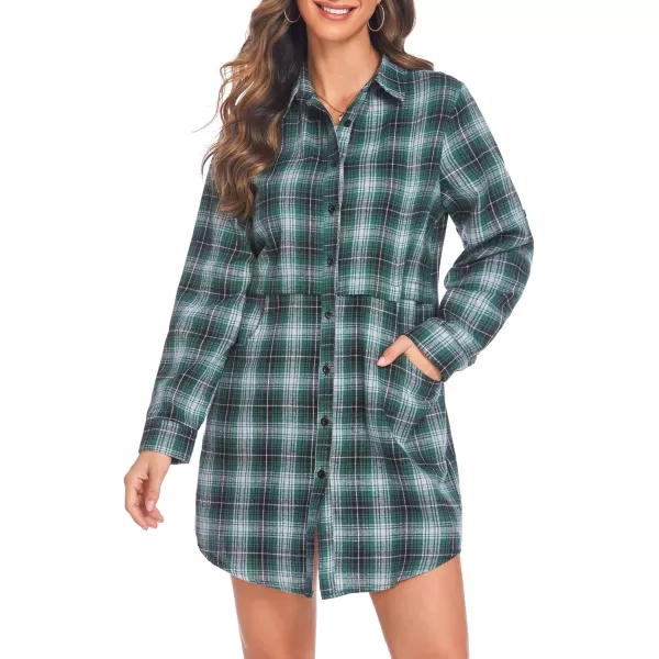 HOTOUCH Womens Flannel Plaid Shirts Roll Up Long Sleeve MidLong Casual Boyfriend Shirts with PocketsGreen Check