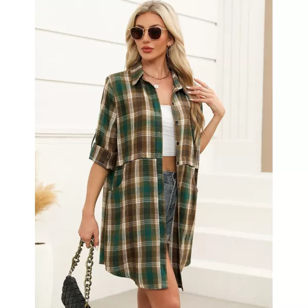 HOTOUCH Womens Flannel Plaid Shirts Roll Up Long Sleeve MidLong Casual Boyfriend Shirts with PocketsGreen Plaid