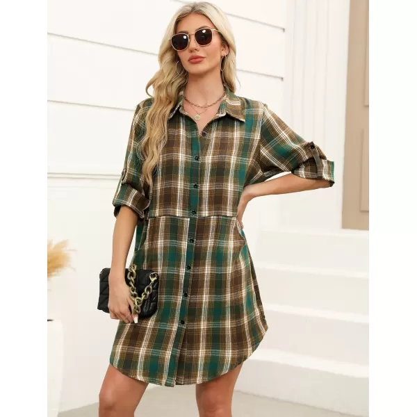 HOTOUCH Womens Flannel Plaid Shirts Roll Up Long Sleeve MidLong Casual Boyfriend Shirts with PocketsGreen Plaid