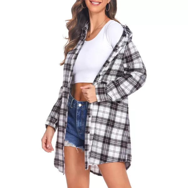 HOTOUCH Womens Flannel Plaid Shirts Roll Up Long Sleeve MidLong Casual Boyfriend Shirts with PocketsGrey White