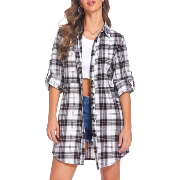 HOTOUCH Womens Flannel Plaid Shirts Roll Up Long Sleeve MidLong Casual Boyfriend Shirts with PocketsGrey White