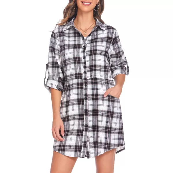 HOTOUCH Womens Flannel Plaid Shirts Roll Up Long Sleeve MidLong Casual Boyfriend Shirts with PocketsGrey White