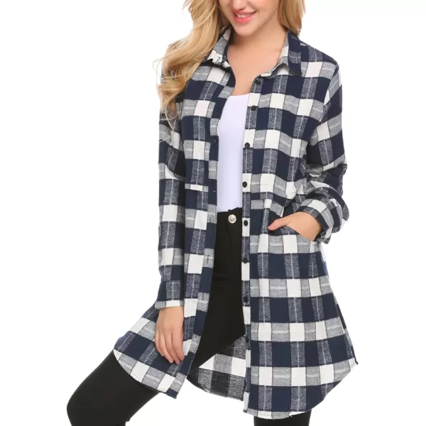 HOTOUCH Womens Flannel Plaid Shirts Roll Up Long Sleeve MidLong Casual Boyfriend Shirts with PocketsNavy Blue