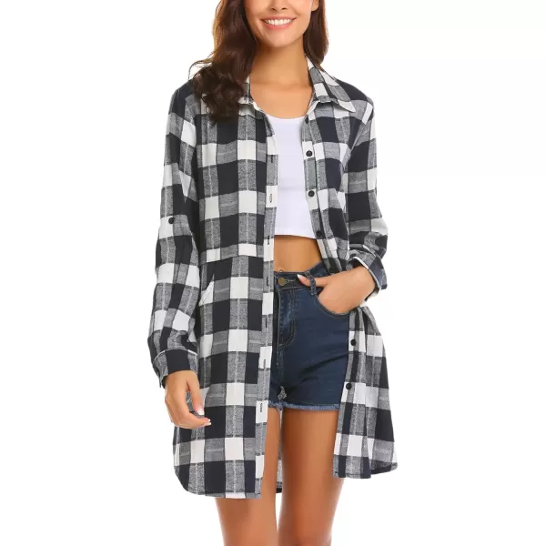 HOTOUCH Womens Flannel Plaid Shirts Roll Up Long Sleeve MidLong Casual Boyfriend Shirts with PocketsNavy Blue