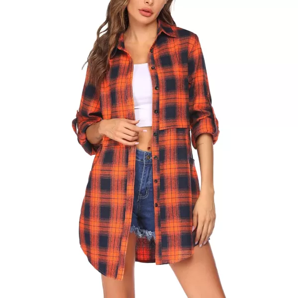 HOTOUCH Womens Flannel Plaid Shirts Roll Up Long Sleeve MidLong Casual Boyfriend Shirts with PocketsOrange