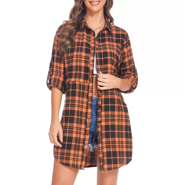 HOTOUCH Womens Flannel Plaid Shirts Roll Up Long Sleeve MidLong Casual Boyfriend Shirts with PocketsOrange Black