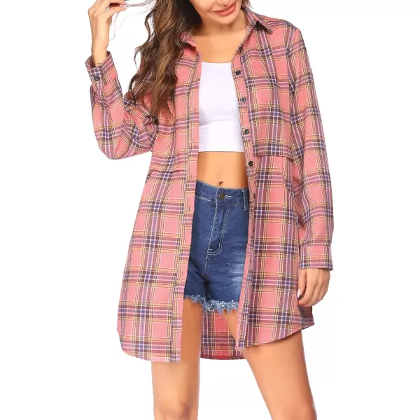 HOTOUCH Womens Flannel Plaid Shirts Roll Up Long Sleeve MidLong Casual Boyfriend Shirts with PocketsPink Check