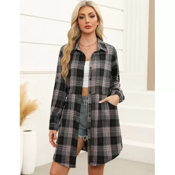 HOTOUCH Womens Flannel Plaid Shirts Roll Up Long Sleeve MidLong Casual Boyfriend Shirts with PocketsPink Grey