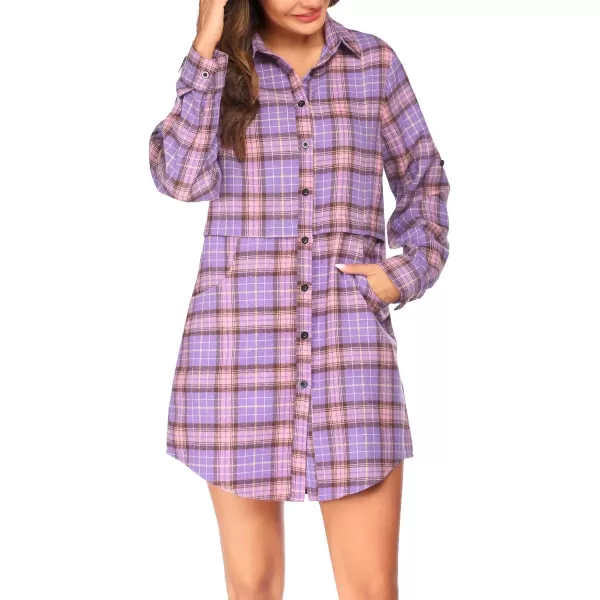 HOTOUCH Womens Flannel Plaid Shirts Roll Up Long Sleeve MidLong Casual Boyfriend Shirts with PocketsPurple