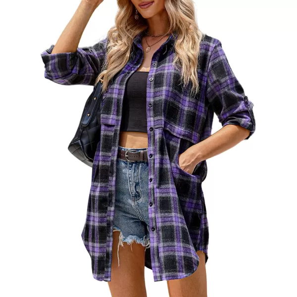 HOTOUCH Womens Flannel Plaid Shirts Roll Up Long Sleeve MidLong Casual Boyfriend Shirts with PocketsPurple Plaid