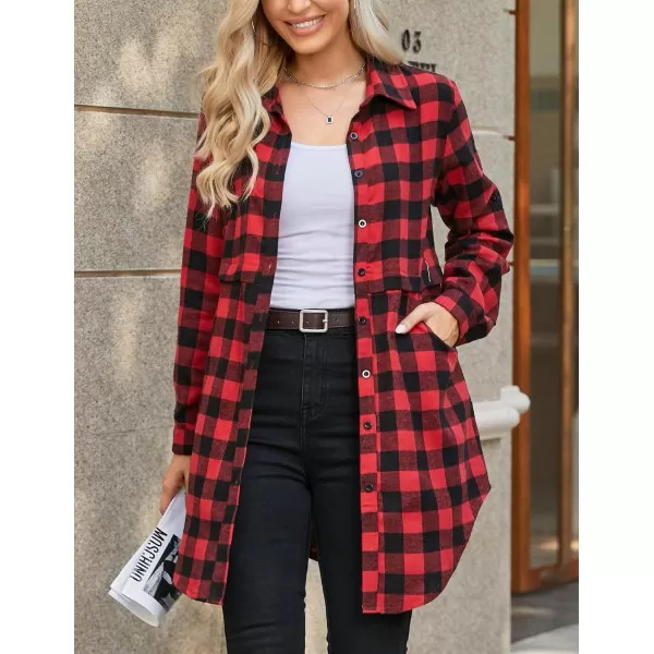 HOTOUCH Womens Flannel Plaid Shirts Roll Up Long Sleeve MidLong Casual Boyfriend Shirts with PocketsRed and Black