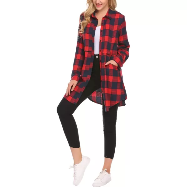 HOTOUCH Womens Flannel Plaid Shirts Roll Up Long Sleeve MidLong Casual Boyfriend Shirts with PocketsRed and Navy