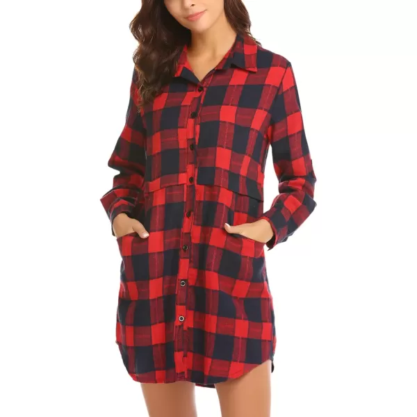 HOTOUCH Womens Flannel Plaid Shirts Roll Up Long Sleeve MidLong Casual Boyfriend Shirts with PocketsRed and Navy