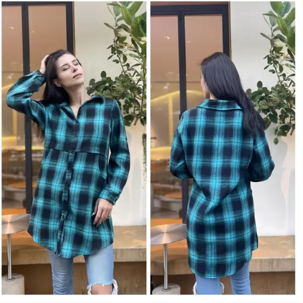 HOTOUCH Womens Flannel Plaid Shirts Roll Up Long Sleeve MidLong Casual Boyfriend Shirts with PocketsTurquoise