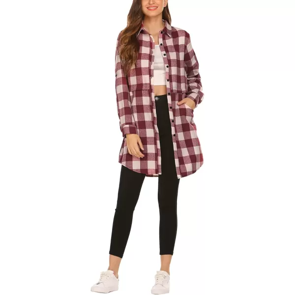 HOTOUCH Womens Flannel Plaid Shirts Roll Up Long Sleeve MidLong Casual Boyfriend Shirts with PocketsWine Red