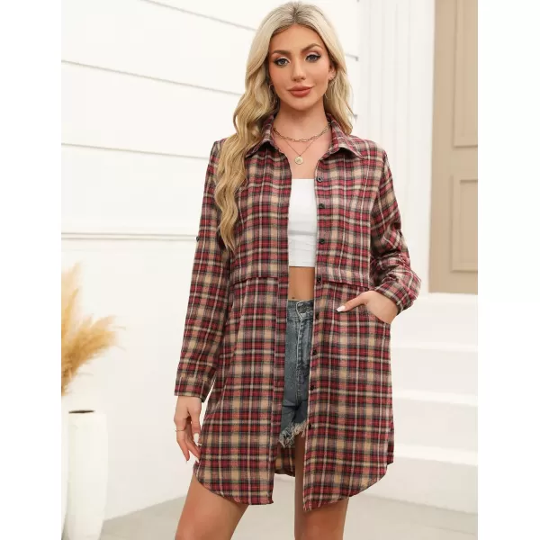 HOTOUCH Womens Flannel Plaid Shirts Roll Up Long Sleeve MidLong Casual Boyfriend Shirts with PocketsWine Red Plaid