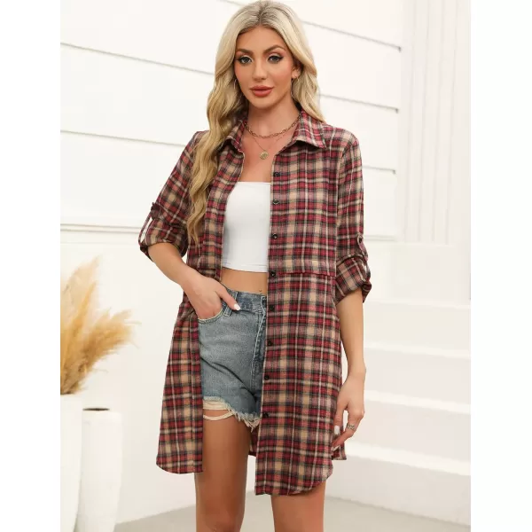 HOTOUCH Womens Flannel Plaid Shirts Roll Up Long Sleeve MidLong Casual Boyfriend Shirts with PocketsWine Red Plaid