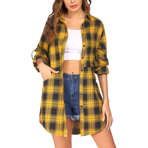 HOTOUCH Womens Flannel Plaid Shirts Roll Up Long Sleeve MidLong Casual Boyfriend Shirts with PocketsYellow and Black