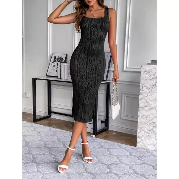 HOTOUCH Womens Summer Bodycon Dress Square Neck Sleeveless Midi Tank Sundress Sexy Ribbed Side Slit Party Dresses01black