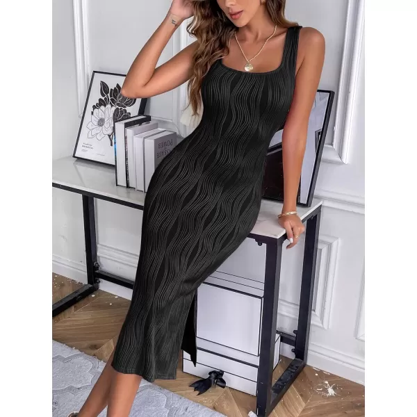 HOTOUCH Womens Summer Bodycon Dress Square Neck Sleeveless Midi Tank Sundress Sexy Ribbed Side Slit Party Dresses01black