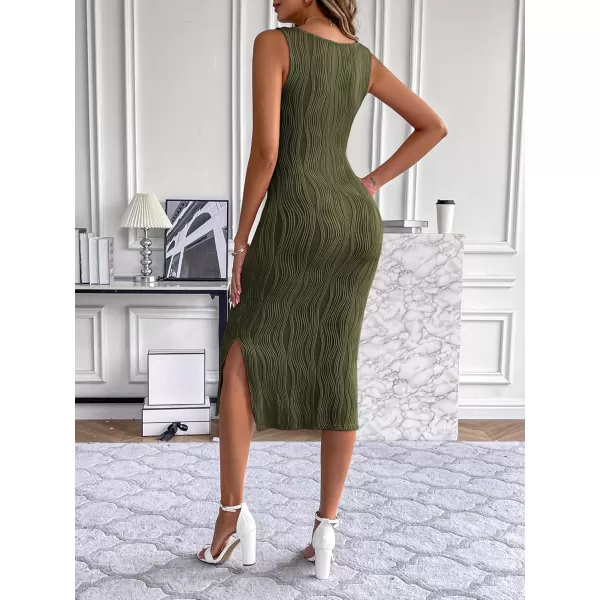 HOTOUCH Womens Summer Bodycon Dress Square Neck Sleeveless Midi Tank Sundress Sexy Ribbed Side Slit Party DressesArmy Green