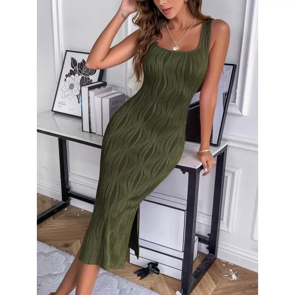 HOTOUCH Womens Summer Bodycon Dress Square Neck Sleeveless Midi Tank Sundress Sexy Ribbed Side Slit Party DressesArmy Green